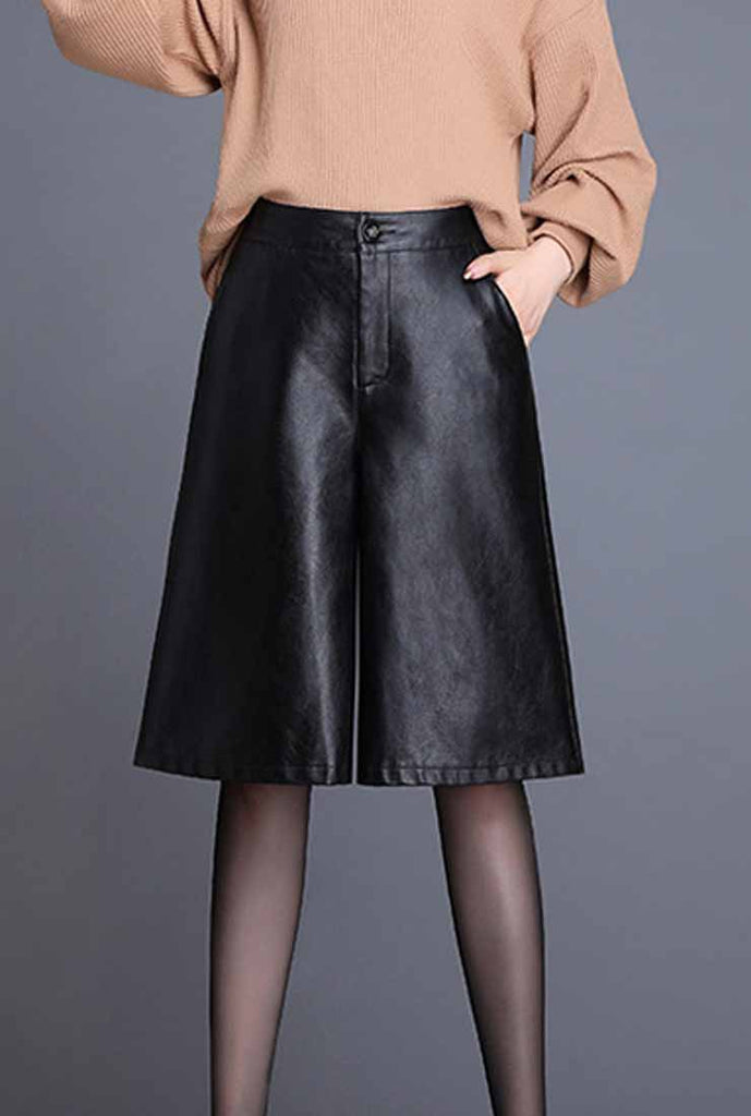 High-waist PU Leather Short Wide Pants