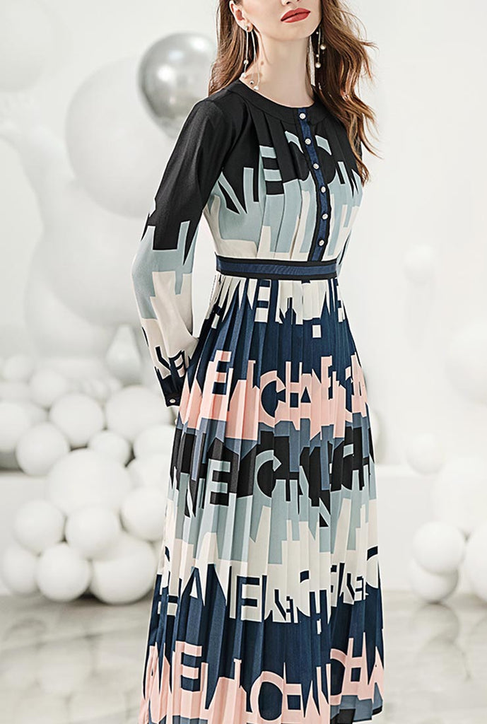 High-waist Silk Letter Print Pleated Midi Dress