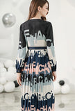 High-waist Silk Letter Print Pleated Midi Dress