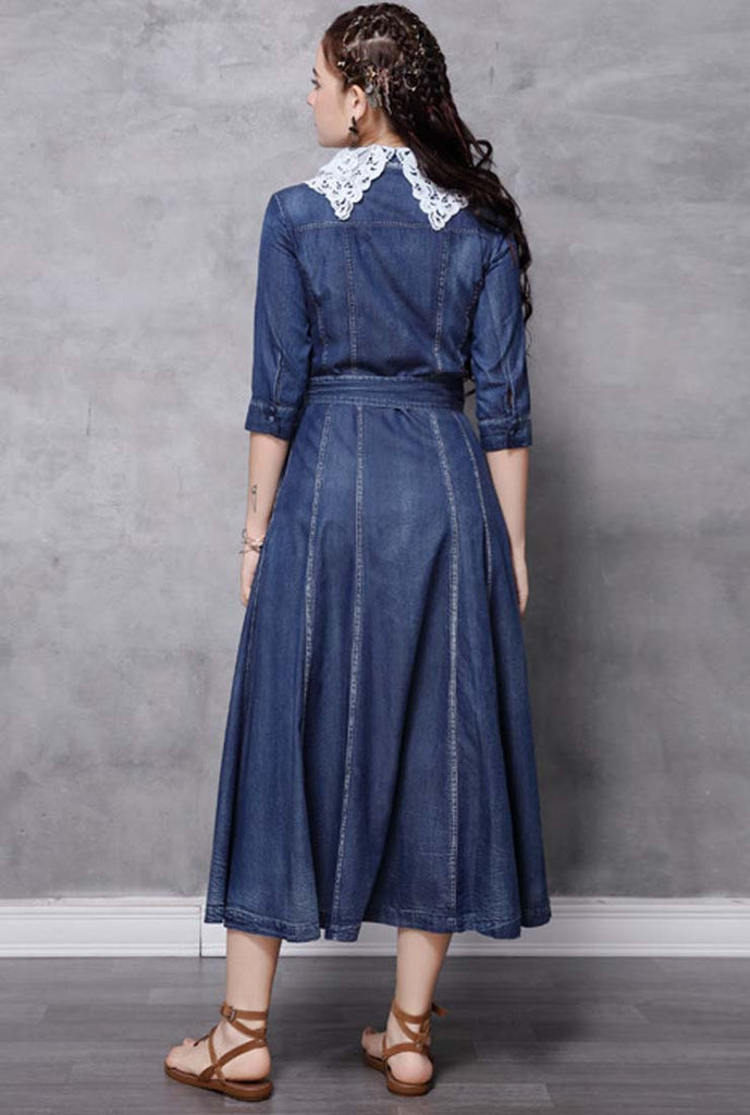 Lace Lapel Collar A-line Belted Denim Maxi Dress