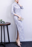 Lace Floral Embroidered Silk Cheongsam Maxi Dress