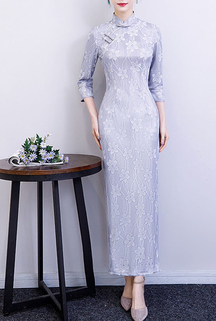 Lace Floral Embroidered Silk Cheongsam Maxi Dress