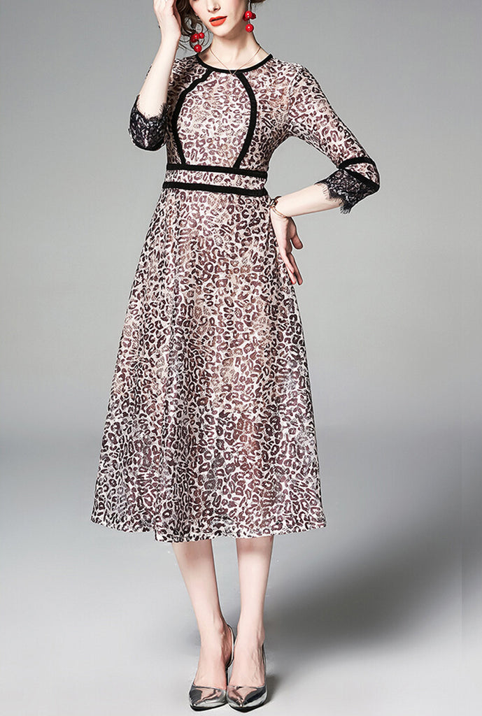 Lace Leopard Print Slim Midi Dress