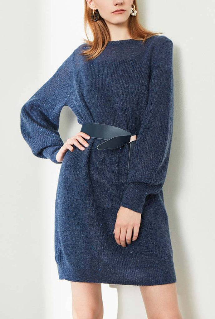 Lantern Sleeve Belted Sweater Midi Dress