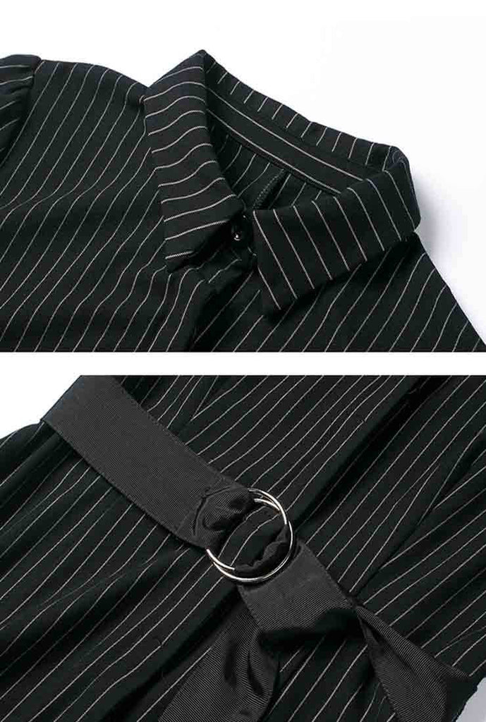 Lapel Collar Belted Black Stripe Midi Dress