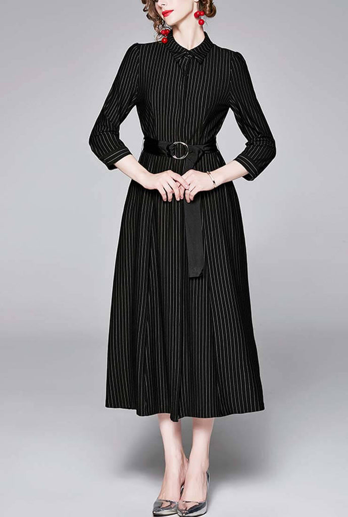 Lapel Collar Belted Black Stripe Midi Dress
