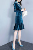 Lapel Collar V-neck Velvet Fishtail Midi Dress