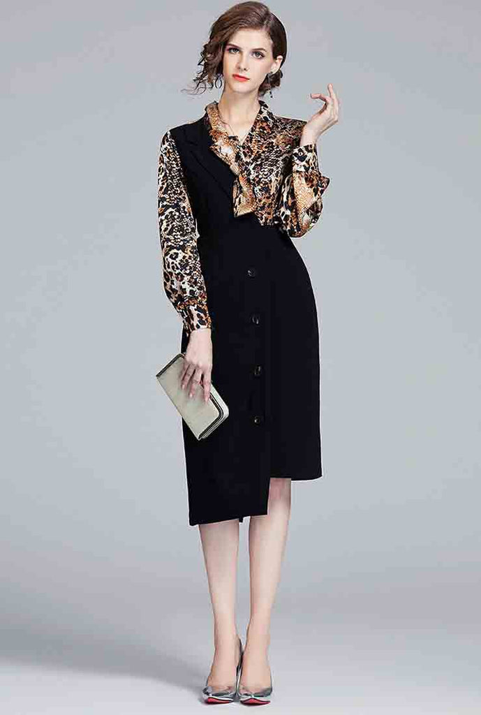 Leopard Print Midi Dress With Bazer Collar