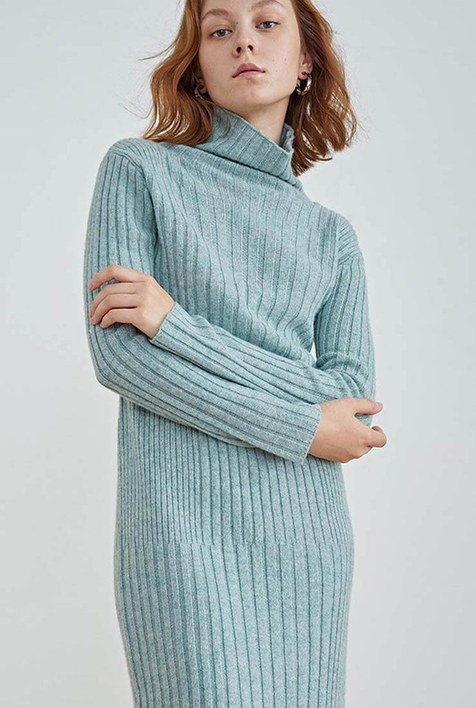 Long-sleeved Turtleneck Slim Wool Knit Midi Dress