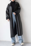 Long Black Faux Leather Trench Coat With Belt