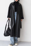 Long Black PU Leather Trench Coat With Belt