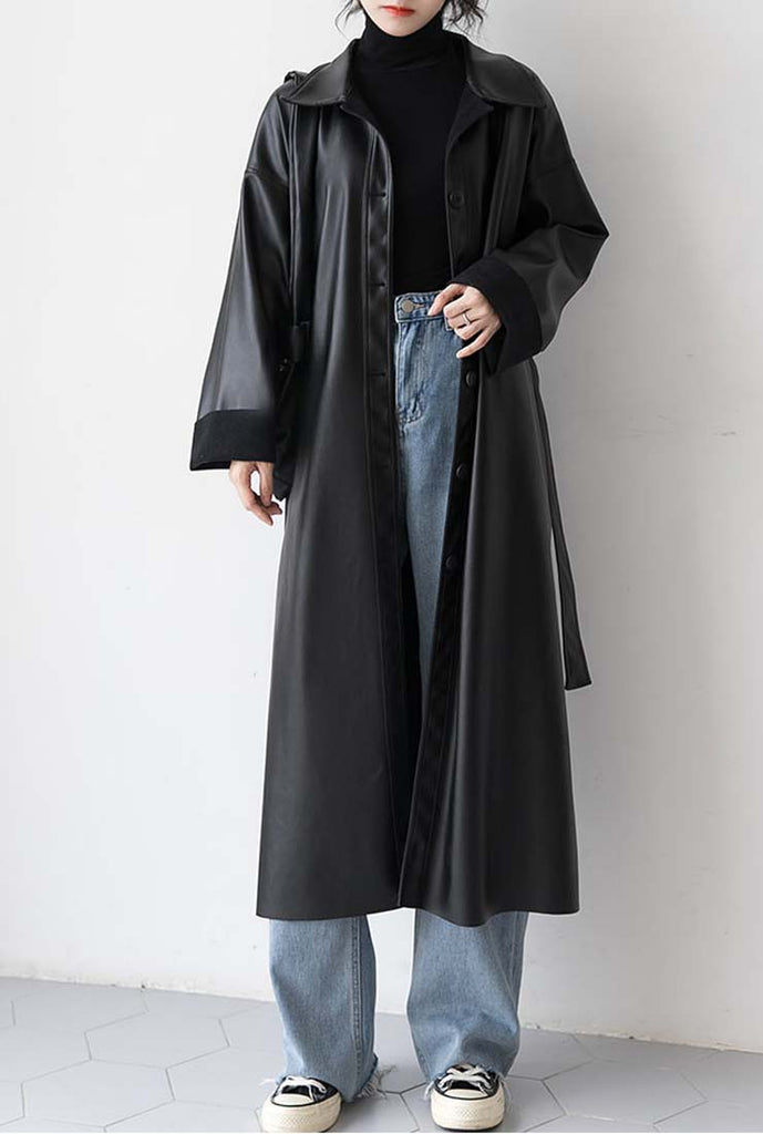 Long Black PU Leather Trench Coat With Belt