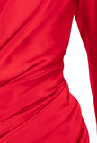 Long Puff Sleeve V-neck Red Satin Mini Dress