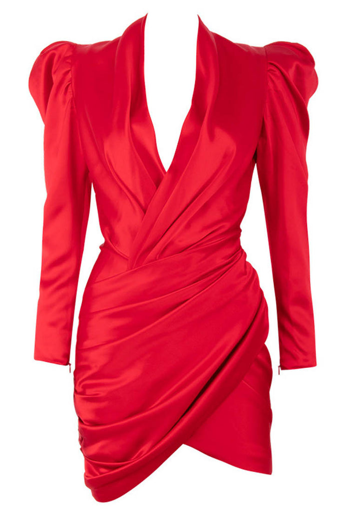 Long Puff Sleeve V-neck Red Satin Mini Dress