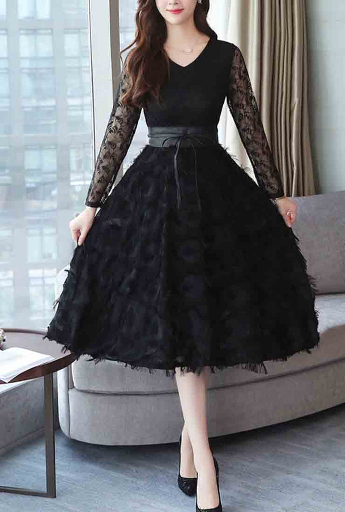 Long Sleeve Black Lace Midi Dress