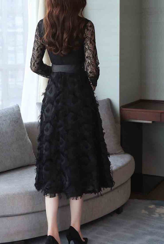Long Sleeve Black Lace Midi Dress