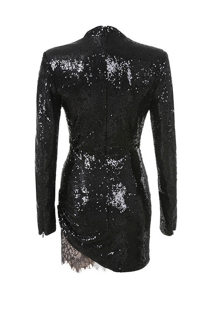 Long Sleeve Sequins Black Lace Mini Dress
