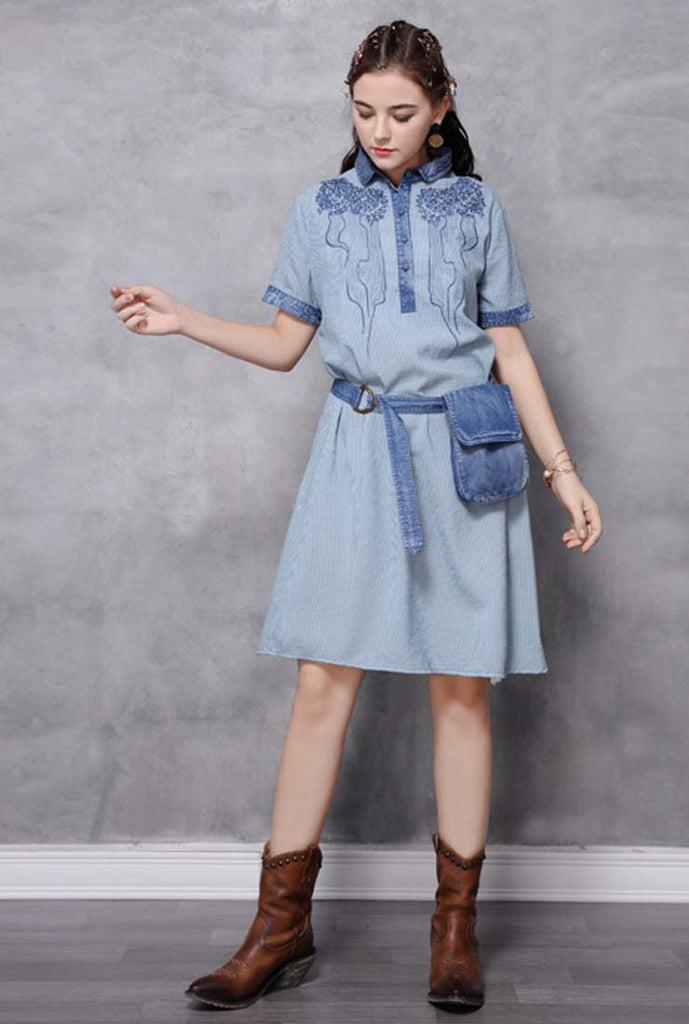 Loose-Fit Striped Embroidered Denim Shirt Dress (With Belt)