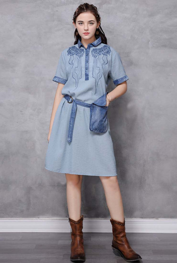 Loose-Fit Striped Embroidered Denim Shirt Dress (With Belt)