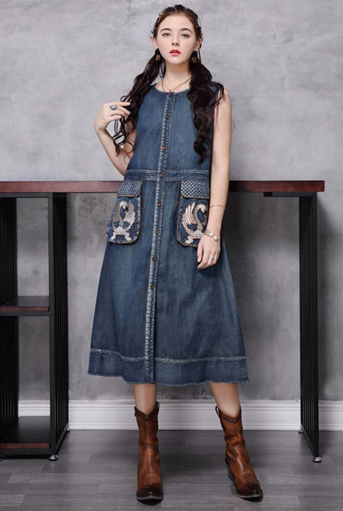 Loose-Fit Vintage Embroidered A-Line Vest Dress