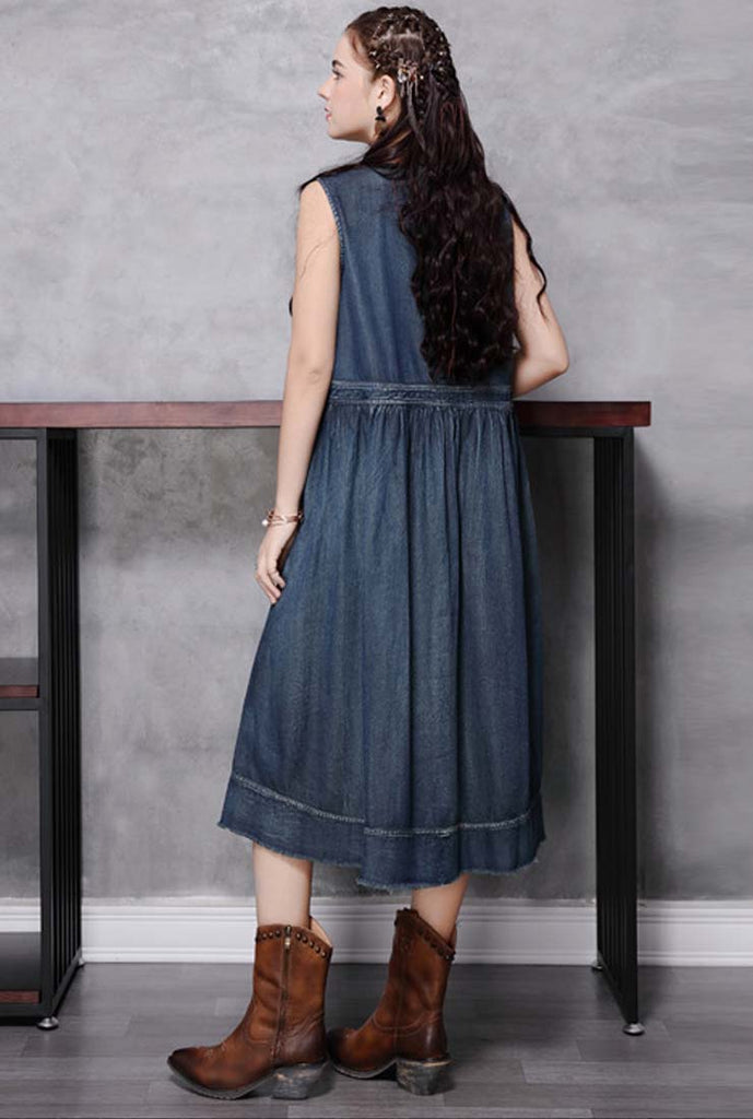 Loose-Fit Vintage Embroidered A-Line Vest Dress