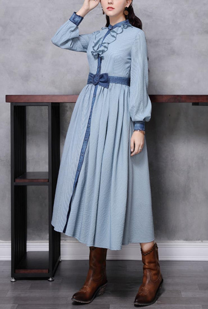 Loose-Fit Waist Cinched Flounce Vintage Maxi Dress