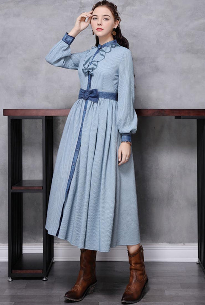 Loose-Fit Waist Cinched Flounce Vintage Maxi Dress