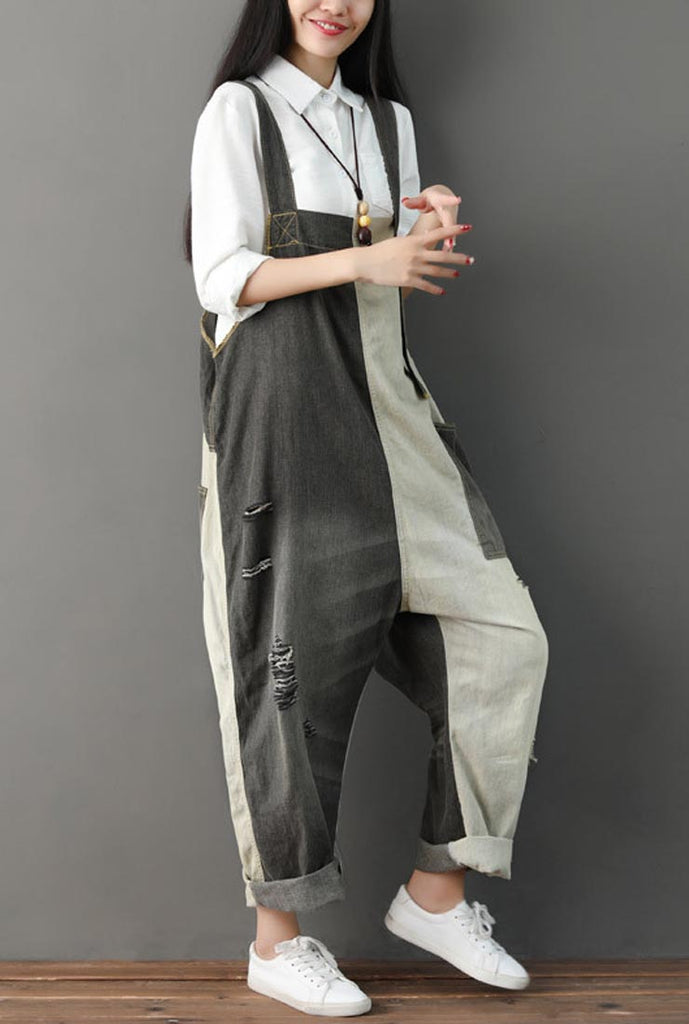 Loose-Fit Distressed Ripped Denim Wide-leg Overalls