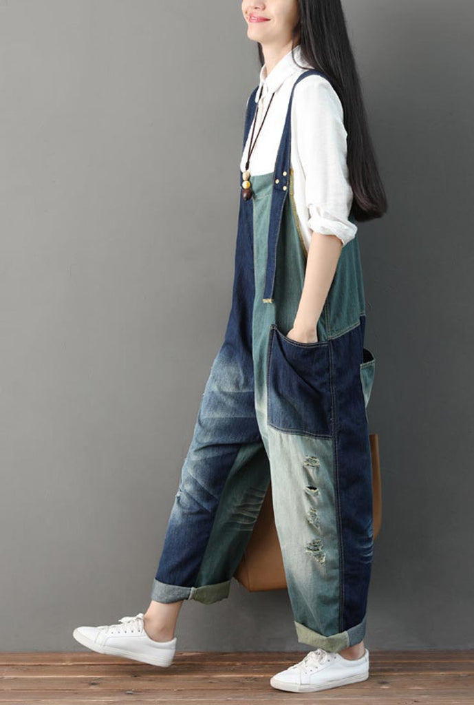 Loose-Fit Distressed Ripped Denim Wide-leg Overalls