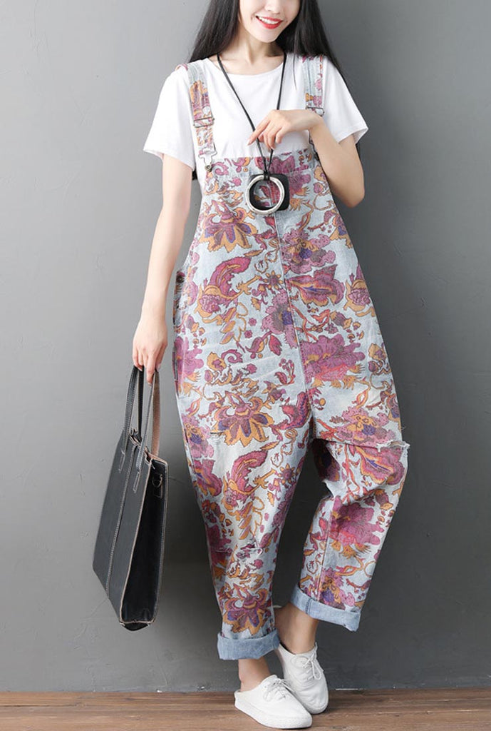 Loose-Fit Floral Ethnic Ripped Denim Overalls