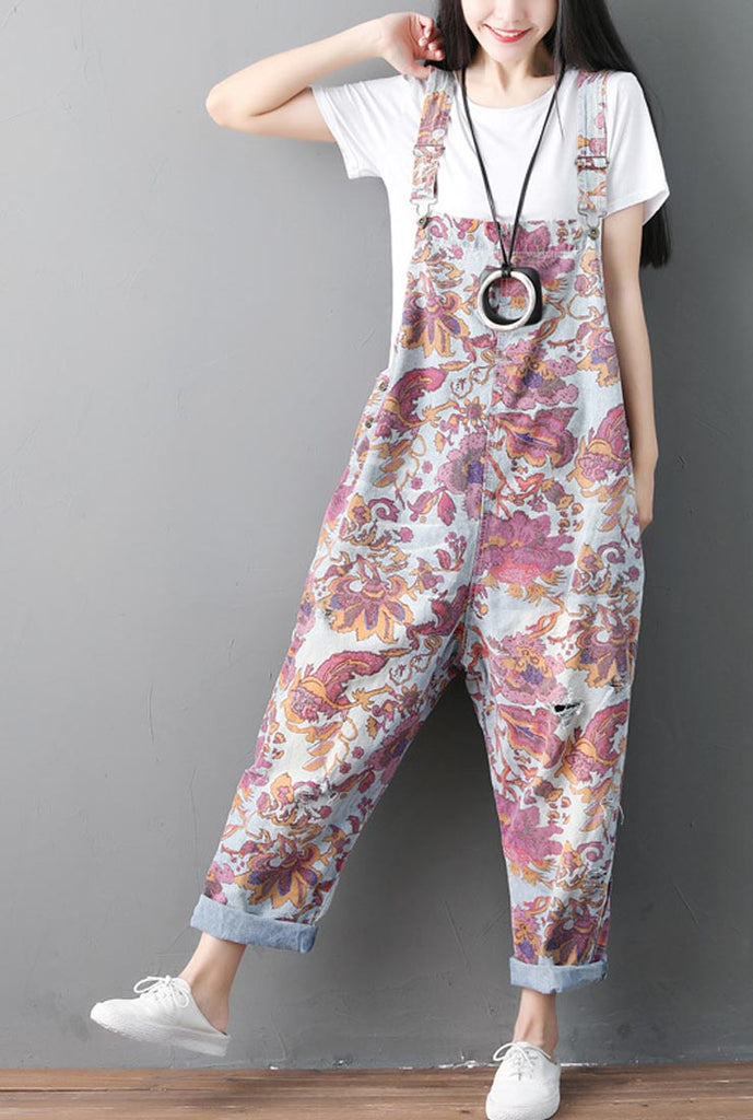 Loose-Fit Floral Ethnic Ripped Denim Overalls