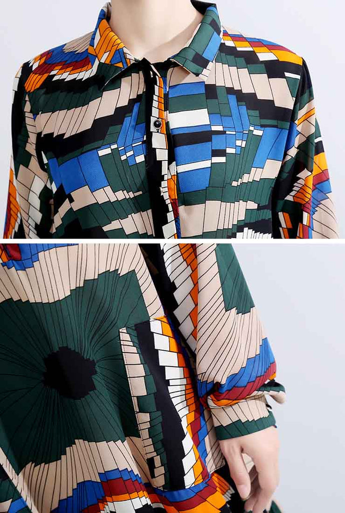 Loose-Fit Lapel Printed Long Sleeves Maxi Dress