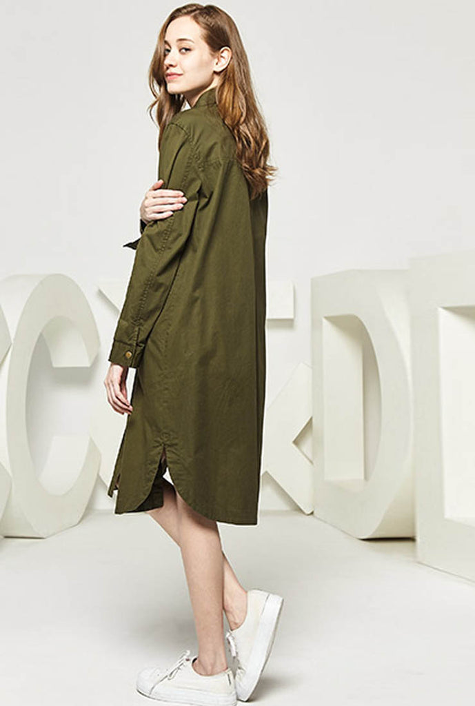 Loose-Fit Single-breasted Front-Pockets Midi Shirt Dress