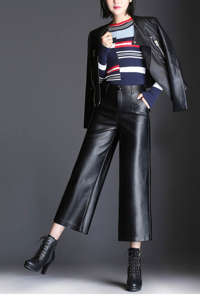 Loose Cropped Wide Leather Pants