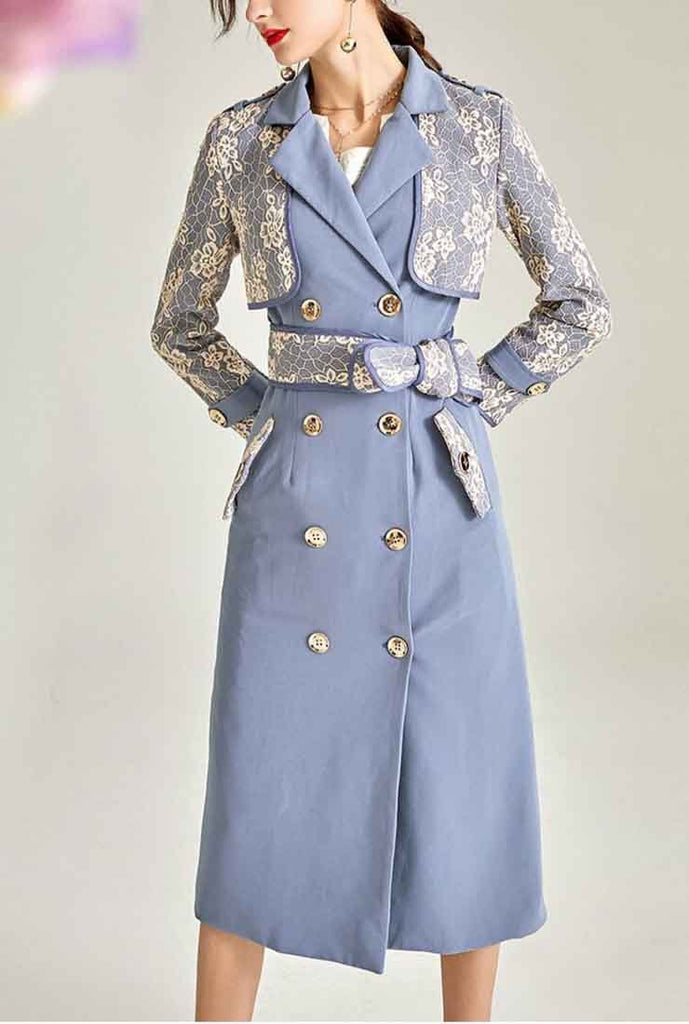 Mid-length Blue Lace Trench Coat
