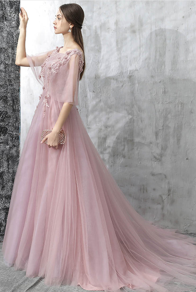 One-shoulder Pink Lace Evening Dress 