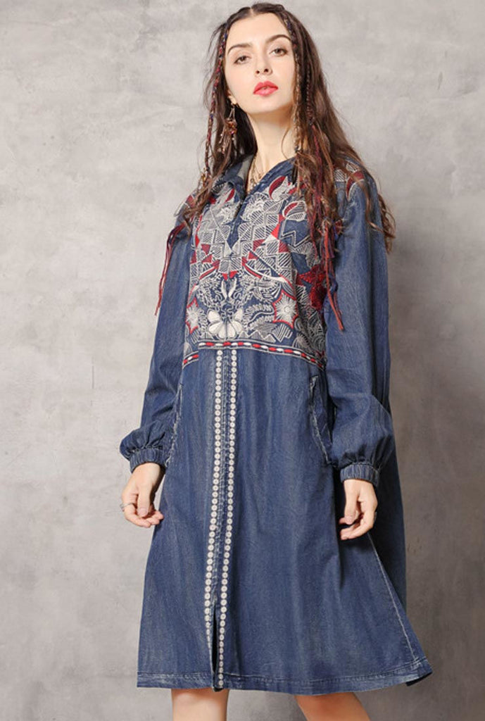 Oversized Front-Zip Hooded Embroidered Midi Dress