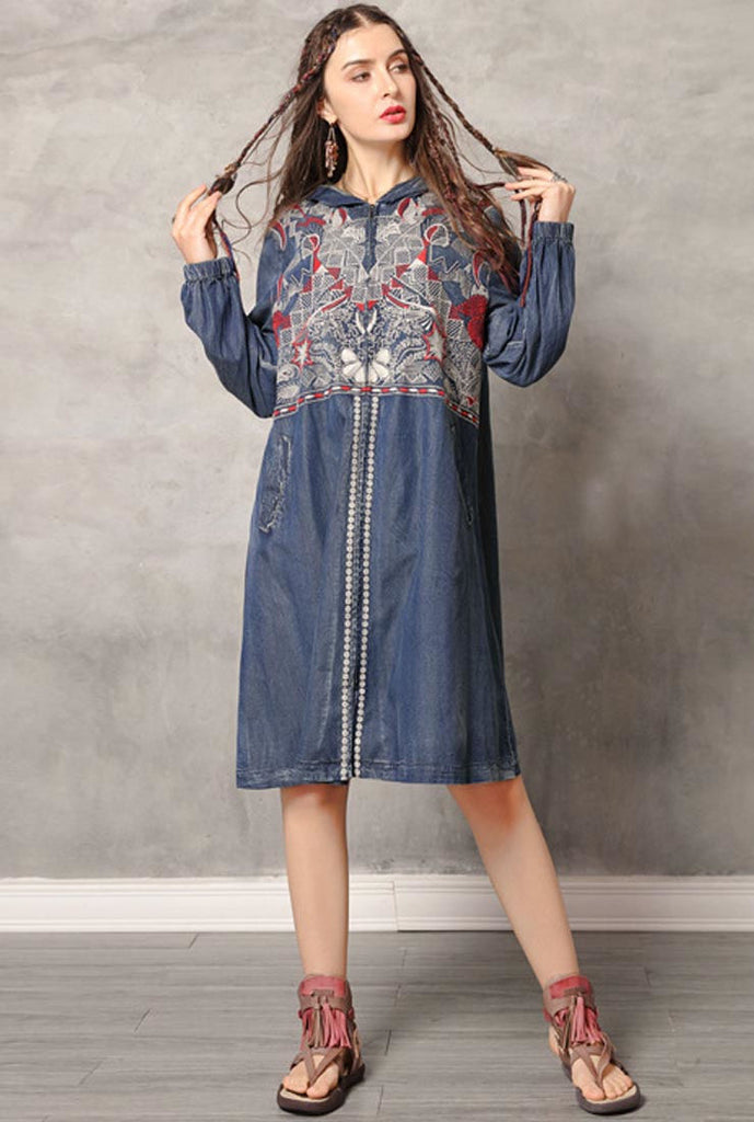 Oversized Front-Zip Hooded Embroidered Midi Dress