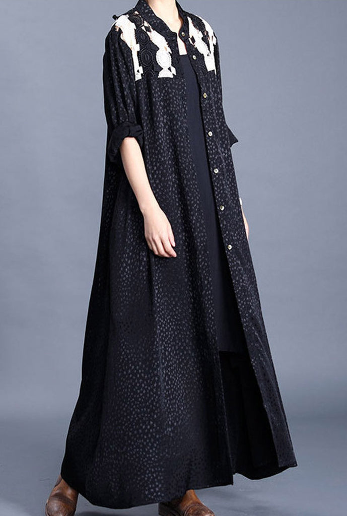 Spring Maxi Length Single-breasted Lace Embroidered Coat