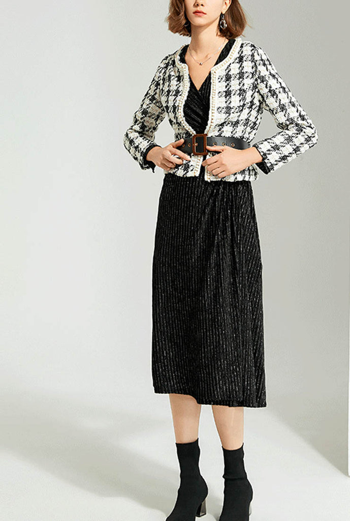 Pearl-trimmed Plaid Short Trench Coat