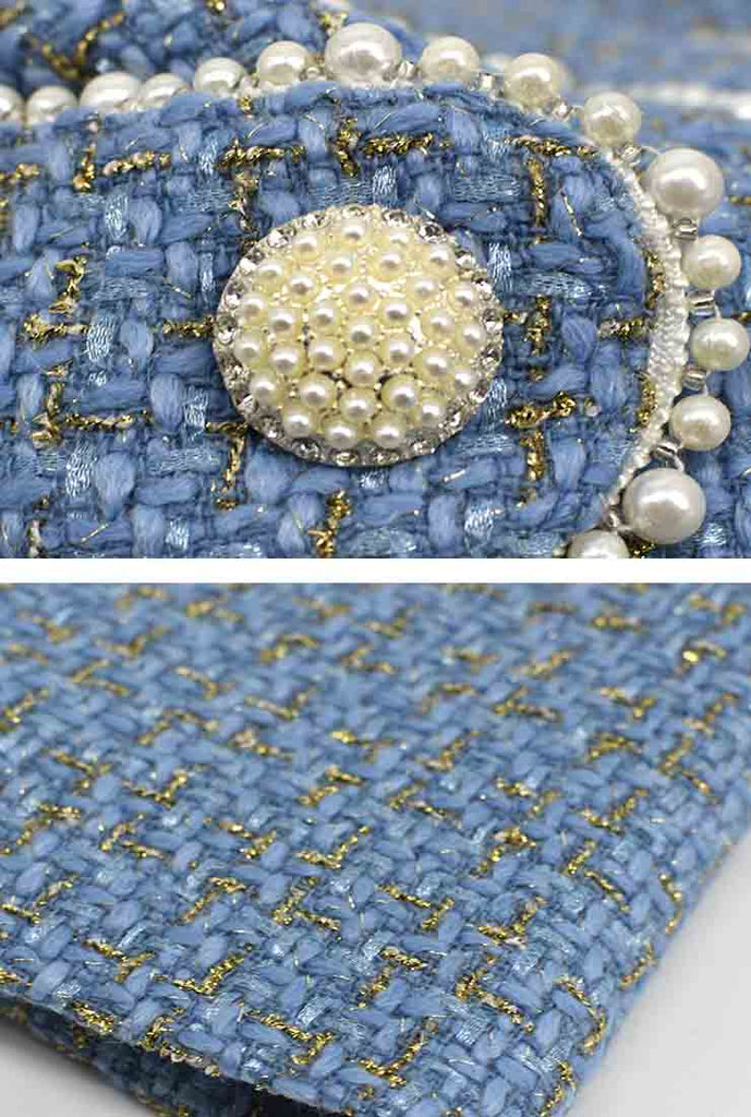 Pearl Decoration Slim Blue Tweed Long Jacket