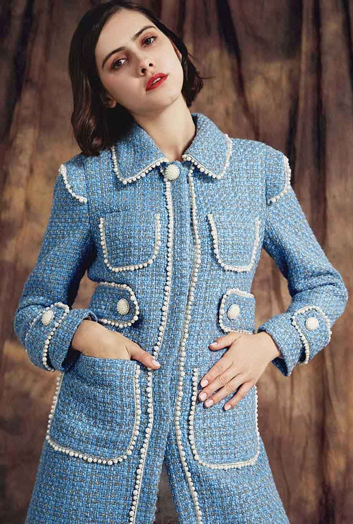 Pearl Decoration Slim Blue Tweed Long Jacket
