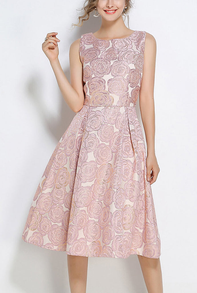 Pink Embroidered Jacquard Sleeveless Midi Dress
