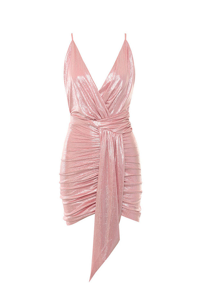 Pink Slip V-neck Backless Mini Dress