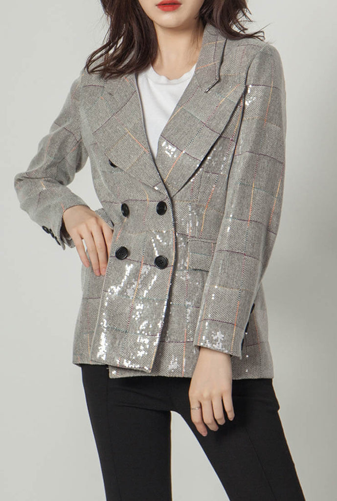 Plaid Sequined Double-breasted Blazer