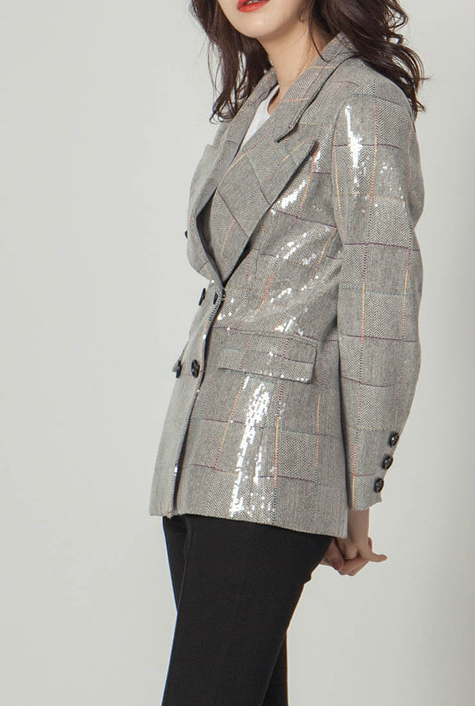 Plaid Sequined Double-breasted Blazer