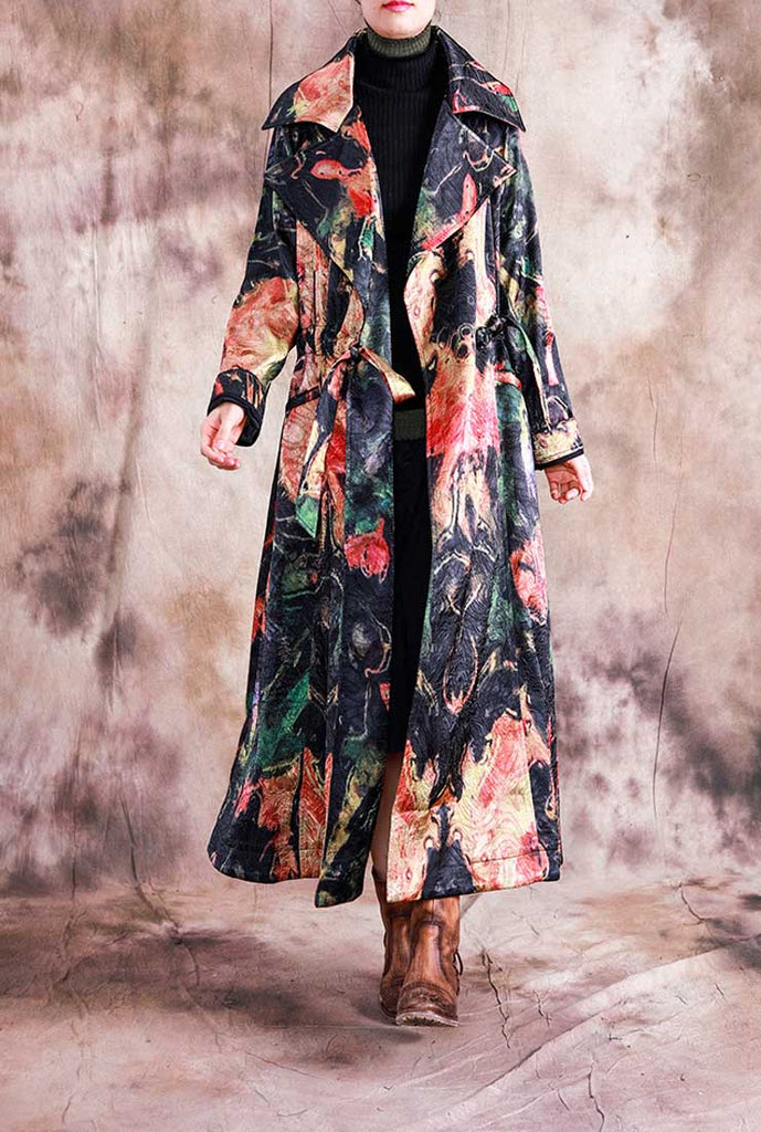 Plus Size Floral Print Belted Trench Coat