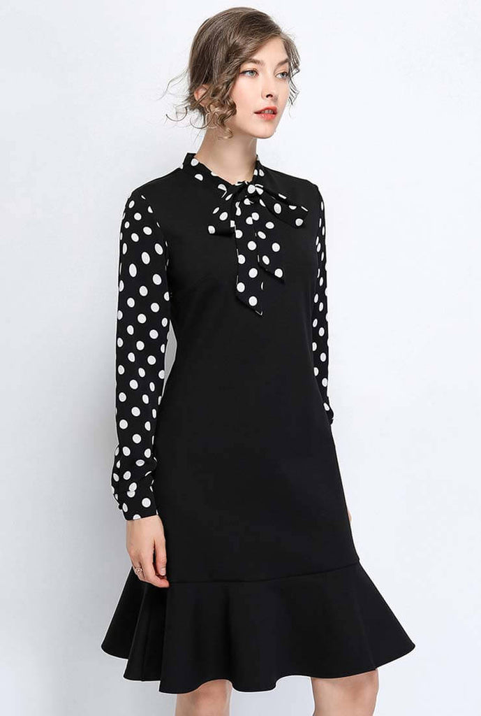 Plus Size Polka Dots Sleeves Bow Tie Midi Dress