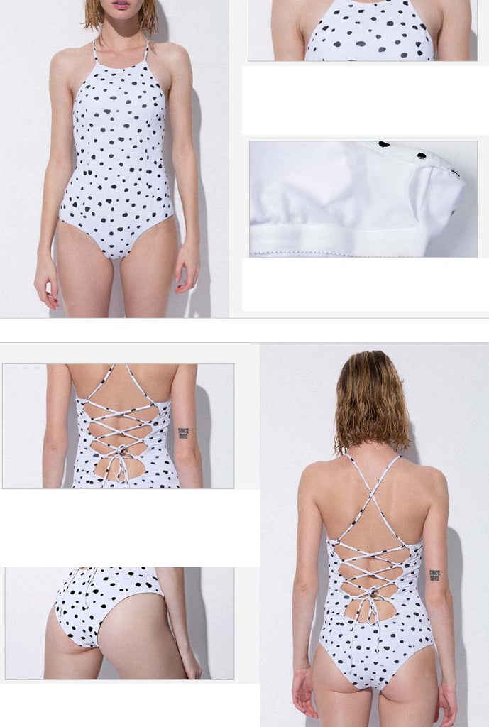 Polka Dots Halter Back Ties One Piece Swimsuit