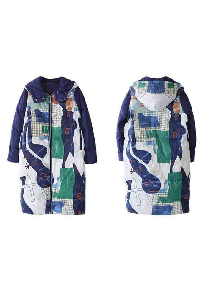 Printed Mid-length White Duck Down Hooded Coat